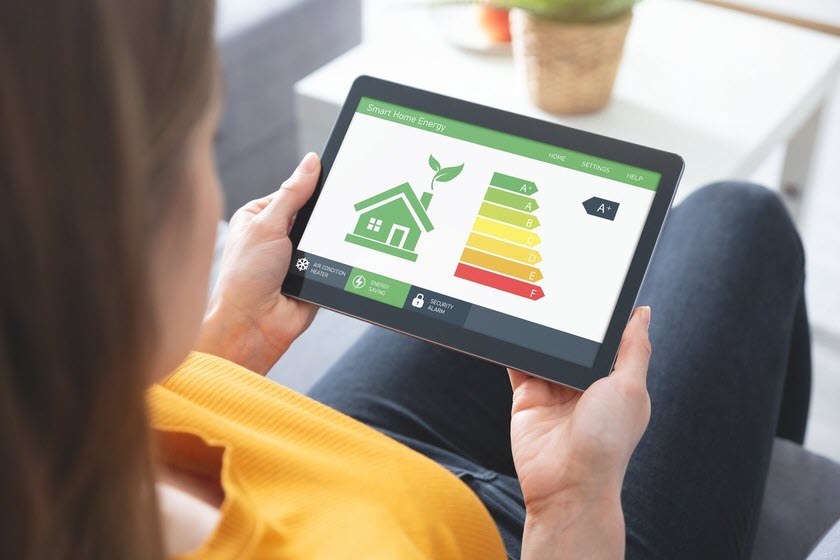 Generic smart home energy dashboard on tablet - an example of a green household rating A*