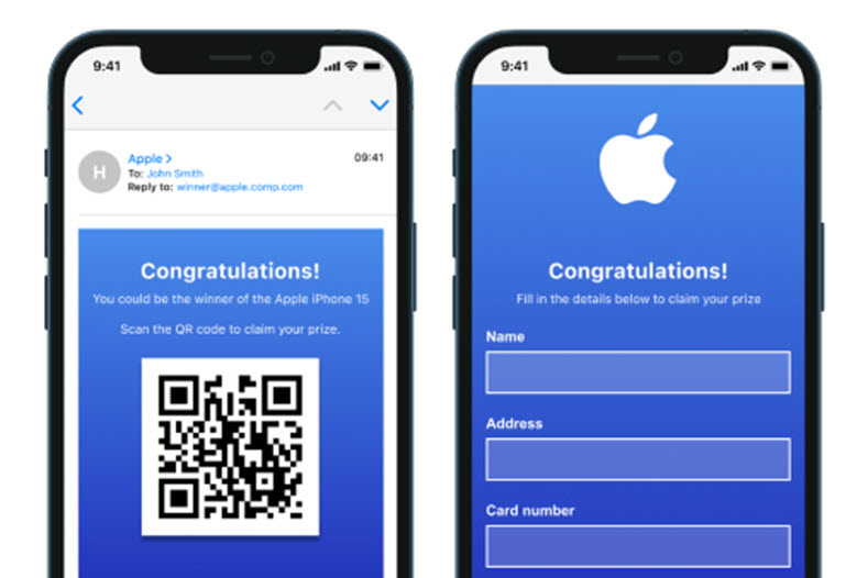 Two smart phones displaying an email and website form. The email displays a congratulations email with a QR code, conveying that the user needs to scan a QR code to claim a prize. The website form asks for personal details. Scanning the QR code using your phone will open the google website on your phone’s default browser.